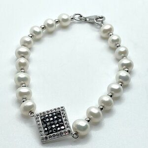 Vtg Sterling & Pearls w Black & White Cz Square Bracelet 7.5”
